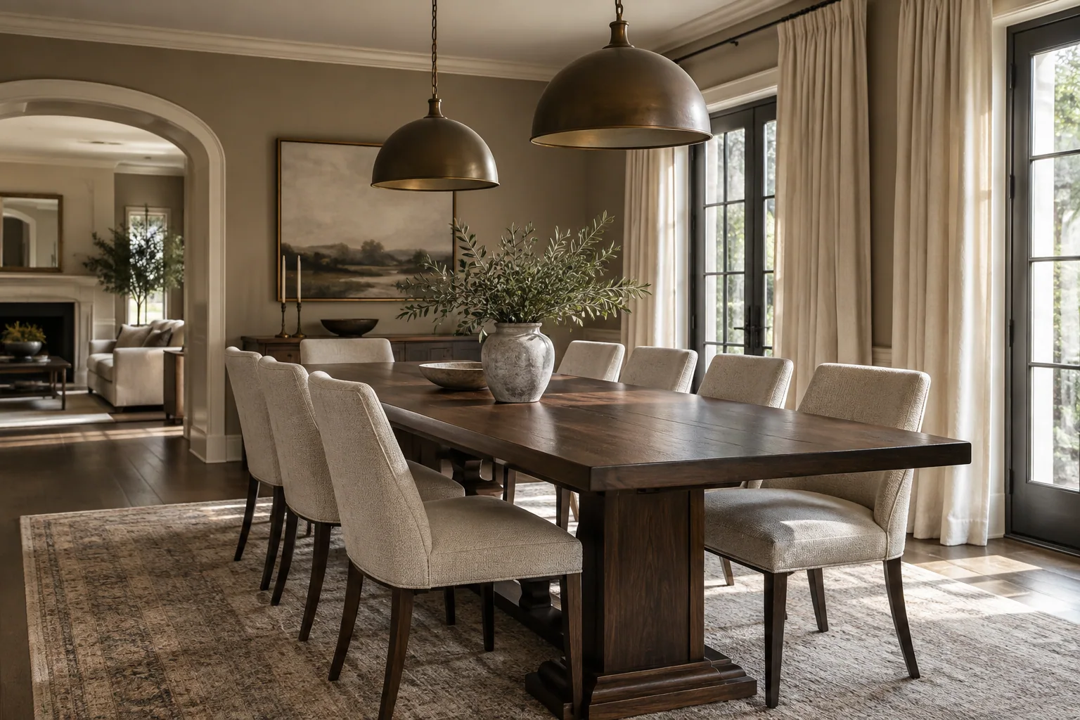 Illustrative warm dining room with walnut table